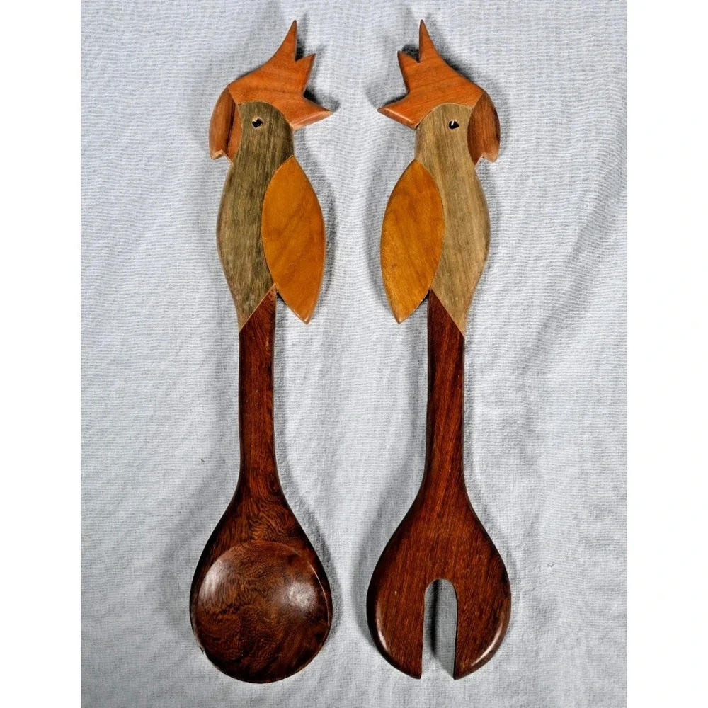 Set of 2 Wooden Parrot Salad Servers Hand Carved Utensils 13-7/8